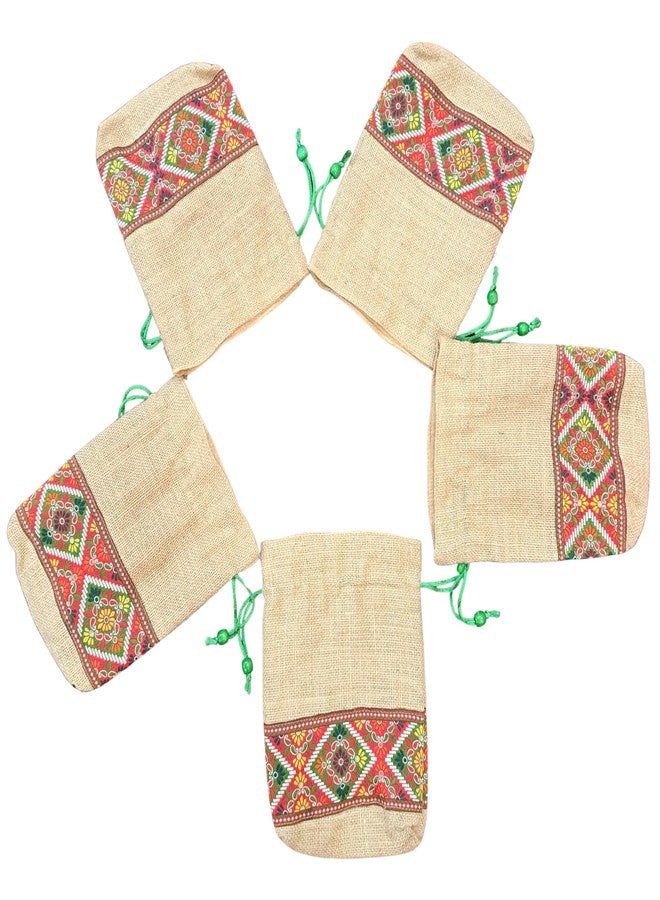 Fabjute حقائب بوتلي من الجوت الطبيعي من فابجوت مع بطانة للهدايا التذكارية (5 قطع، كل قطعة 9 × 7 بوصات) (حافة زاري خضراء) - Image 5
